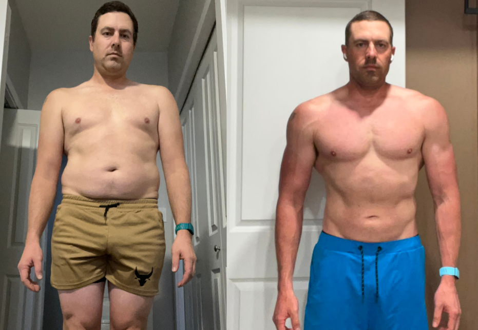 Before and after transformation photos of client Jordan