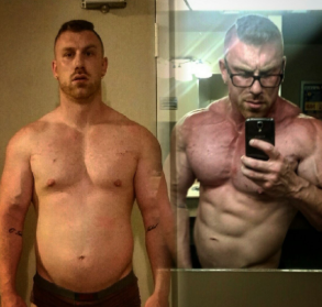 Before and after transformation photos of client Wade T